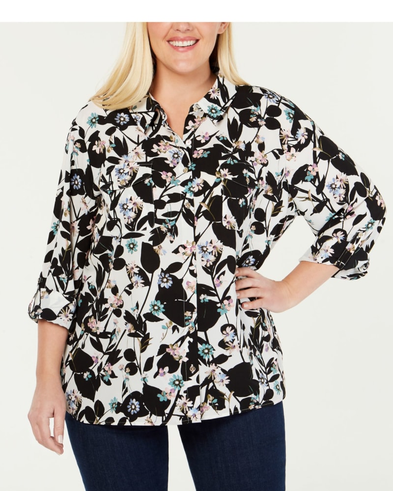 Front of a model wearing a size 3X Tommy Hilfiger Women's Plus Floral Print Utility Shirt White Size 3X in White by Tommy Hilfiger. | dia_product_style_image_id:313730